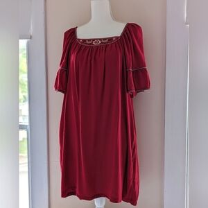 Max Studio Short Red Dress Embroidered Ruffle Sleeve Pockets Oversized Small
